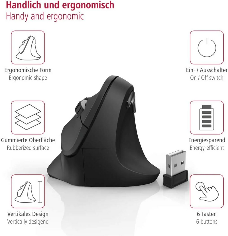 Hama Vertical, Ergonomic EMW-500 Wireless Mouse, 6 Buttons,182699 – Black