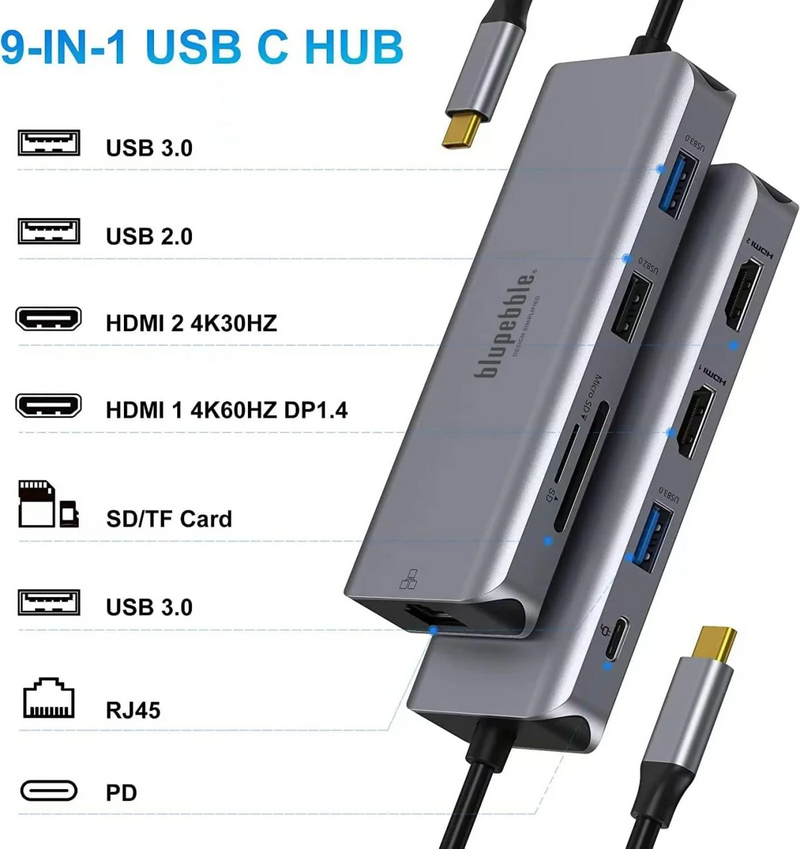 Blupebble 9-in-1 USB C Hub 4K@60Hz Dual HDMI USB C Hub with Dual HDMI