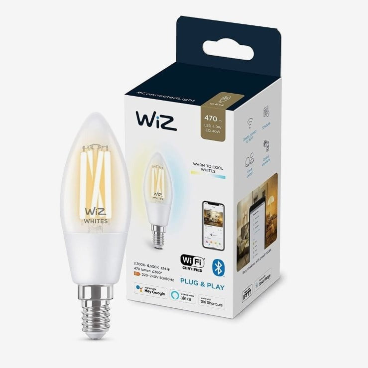 WiZ Filament Clear C35 E14 Smart Light Bulb – Tunable White (40W)